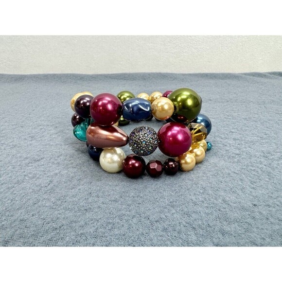 Chicos Stretch Gemstone Bracelet 3 Layers Beaded Bauble Multicolor Chunky Beads - Picture 4 of 8